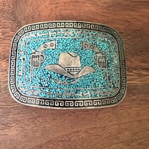 TAXCO SILVER BELT BUCKLE CRUSHED TURQUOISE COWBOY HAT / PISTOLS